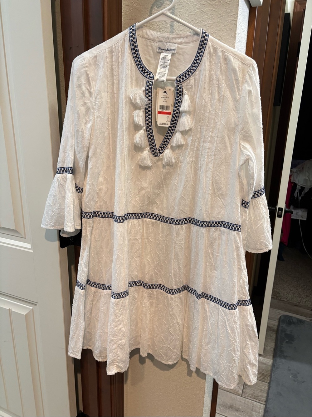 Tommy Bahama White Mini Dress with Navy Trim and Tassels
